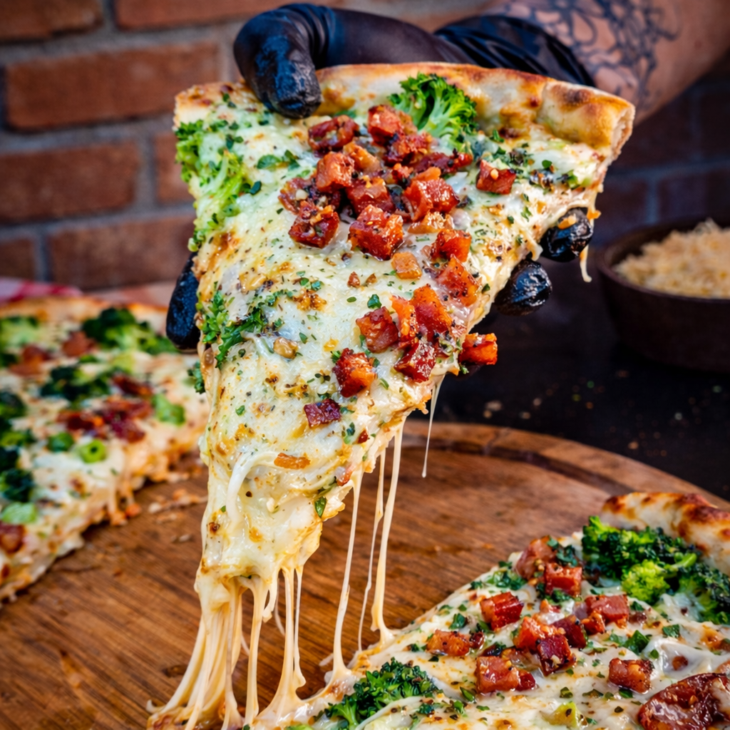 Pizza Brócolis com bacon da Pizzaria Fornalha